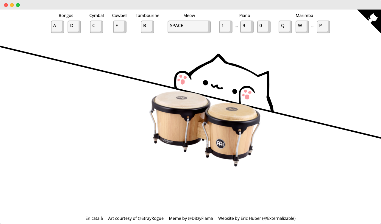 Preview of the Bongo Cat landing page featuring bongo cat hovering it's paws over a set of realistic-looking bongos