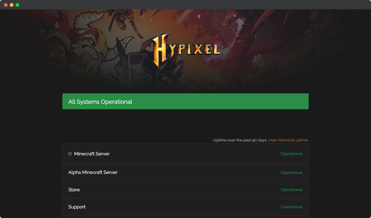 Preview of the Hypixel Status page showing a green "All Systems Operational" banner and a list of all services