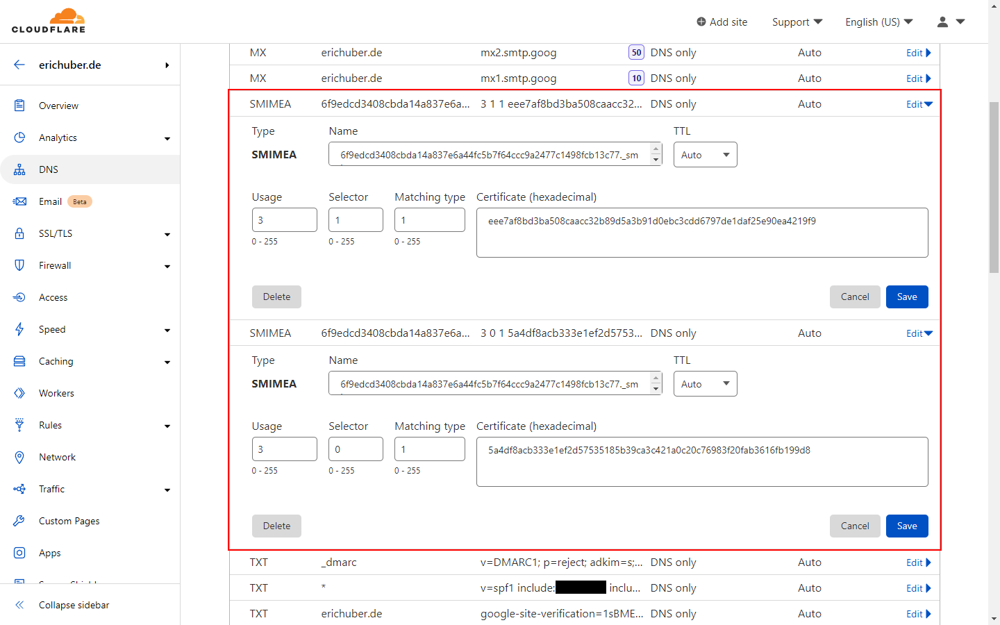 Picture of the Cloudflare Dashboard with two published SMIMEA DNS records showing their configurations