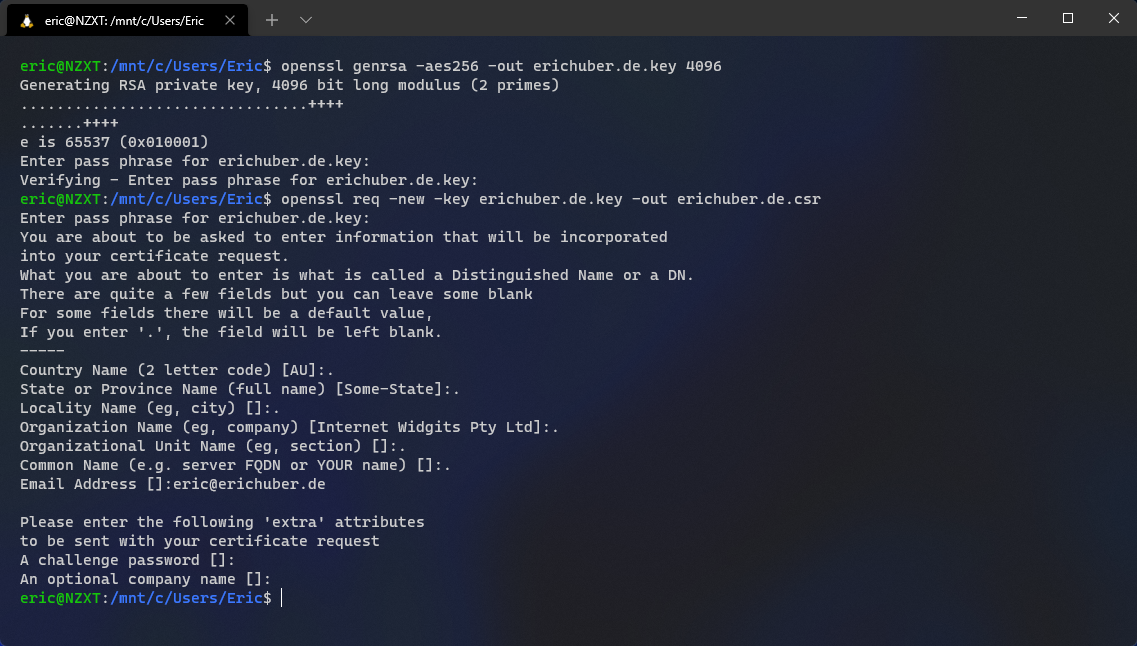 Picture of Windows Terminal output of the RSA key and CSR generation commands