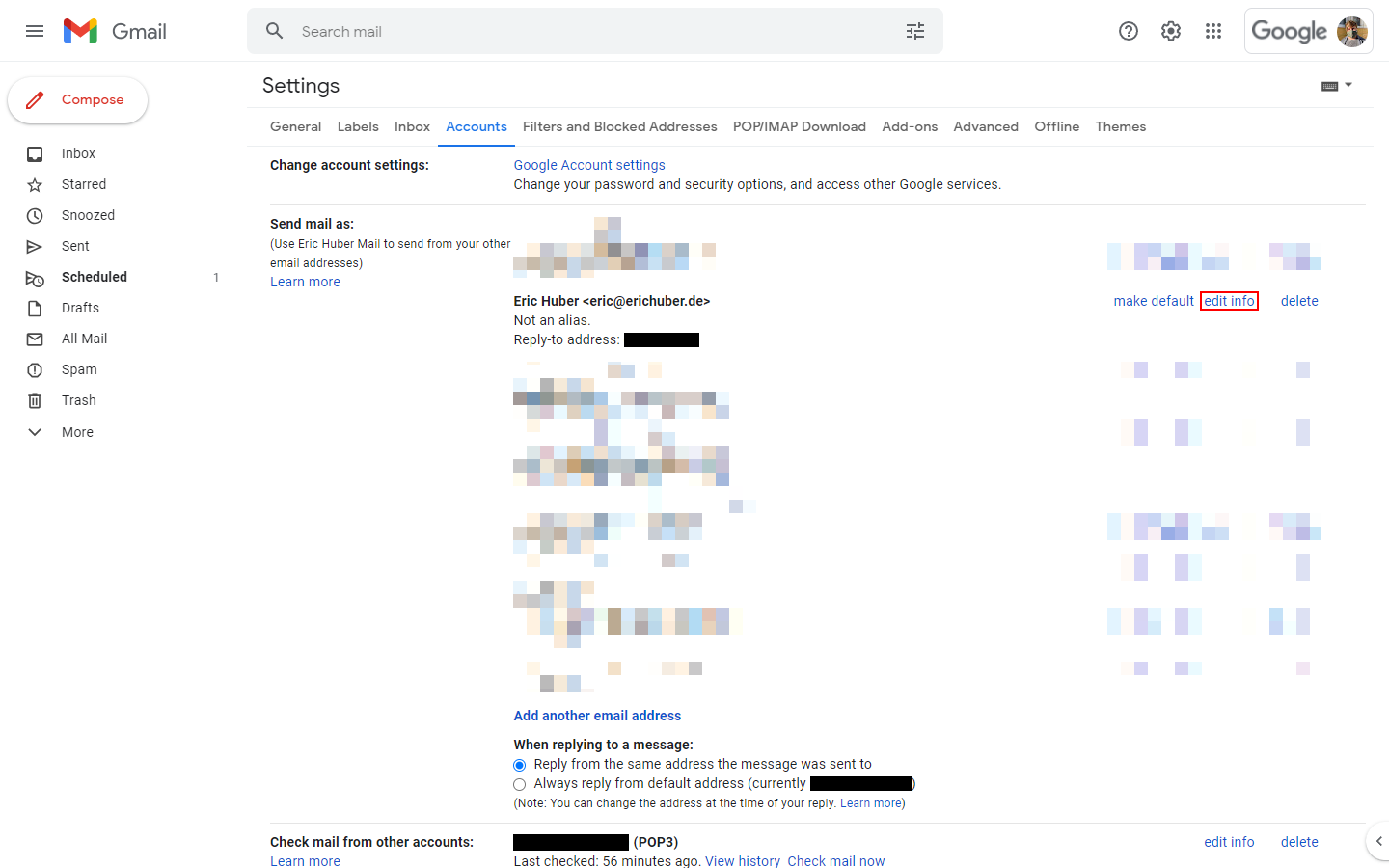 Picture of the Gmail settings "Accounts" tab listing added email addresses