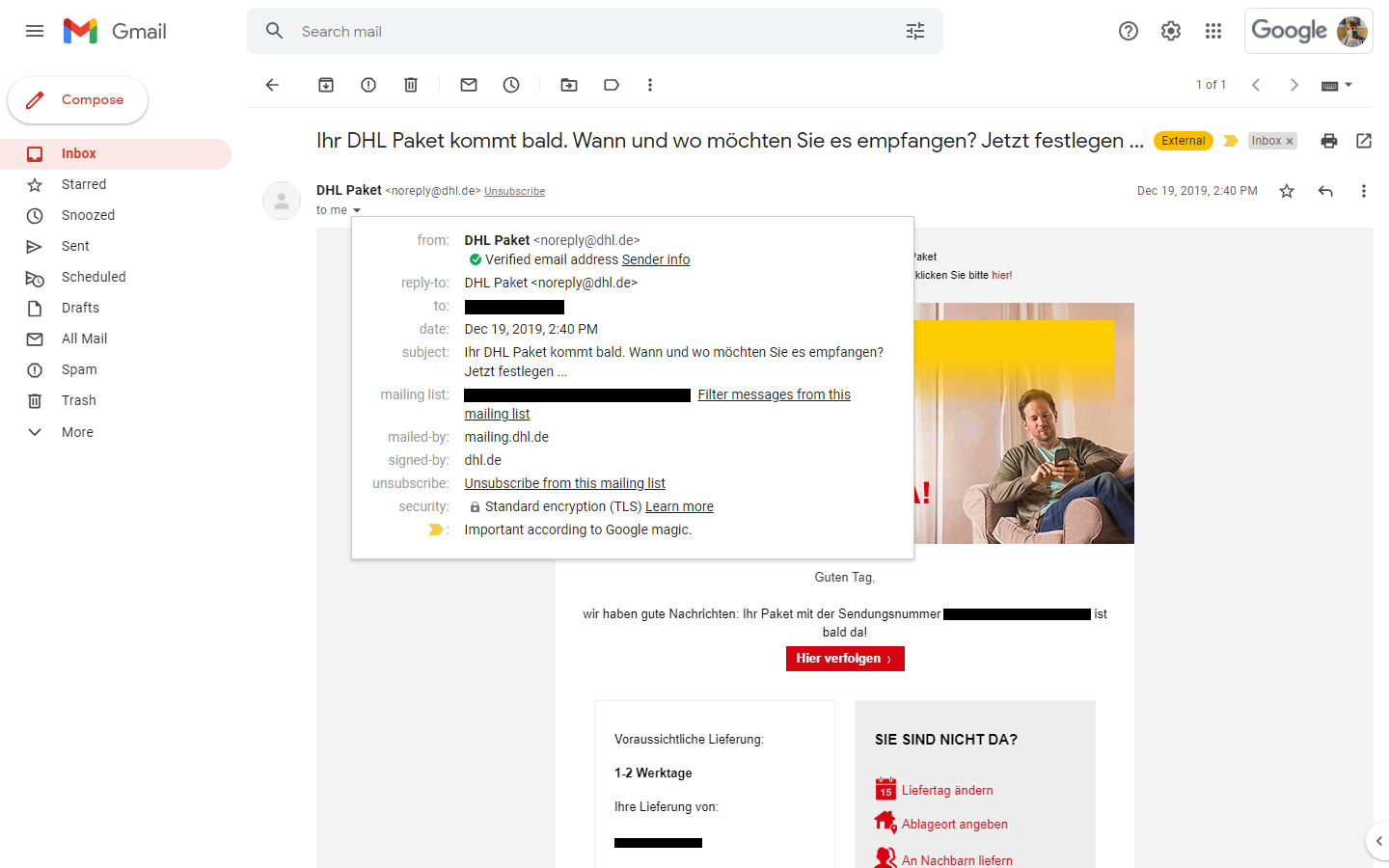 Picture of an email from DHL opened in Gmail Web with a green check mark labelled "Verified email address, Sender info" under the sender name