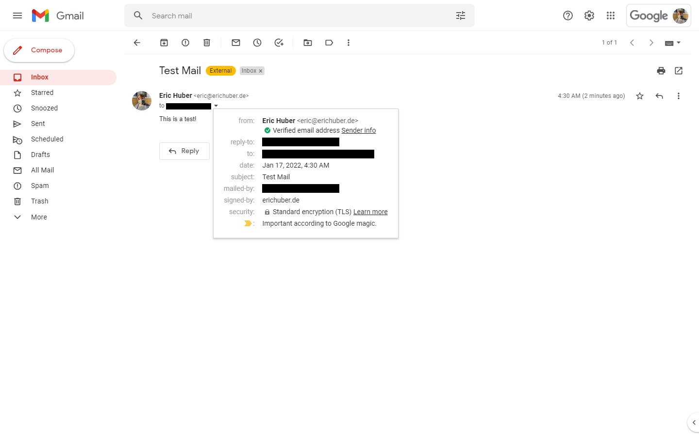 Picture of an email from eric@erichuber.de opened in Gmail Web with a green check mark labelled "Verified email address, Sender info" under the sender name