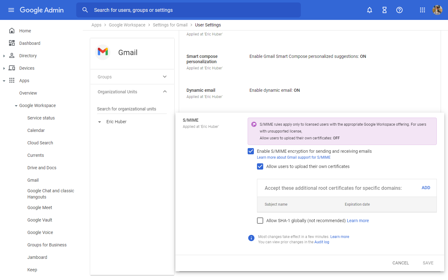 Picture of Google Admin "Settings for Gmail" user settings with S/MIME options turned on