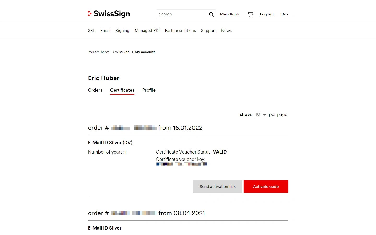 Picture of the "Certificates" tab on the SwissSign website displaying a "Certificate voucher key" and "Activate code" button