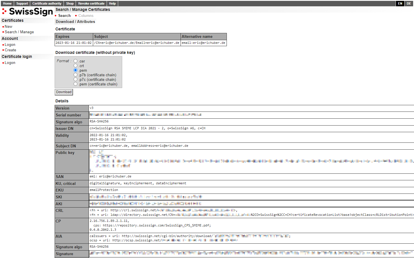 Picture of the SwissSign "Download / Attributes" page with .pem selected as the download format