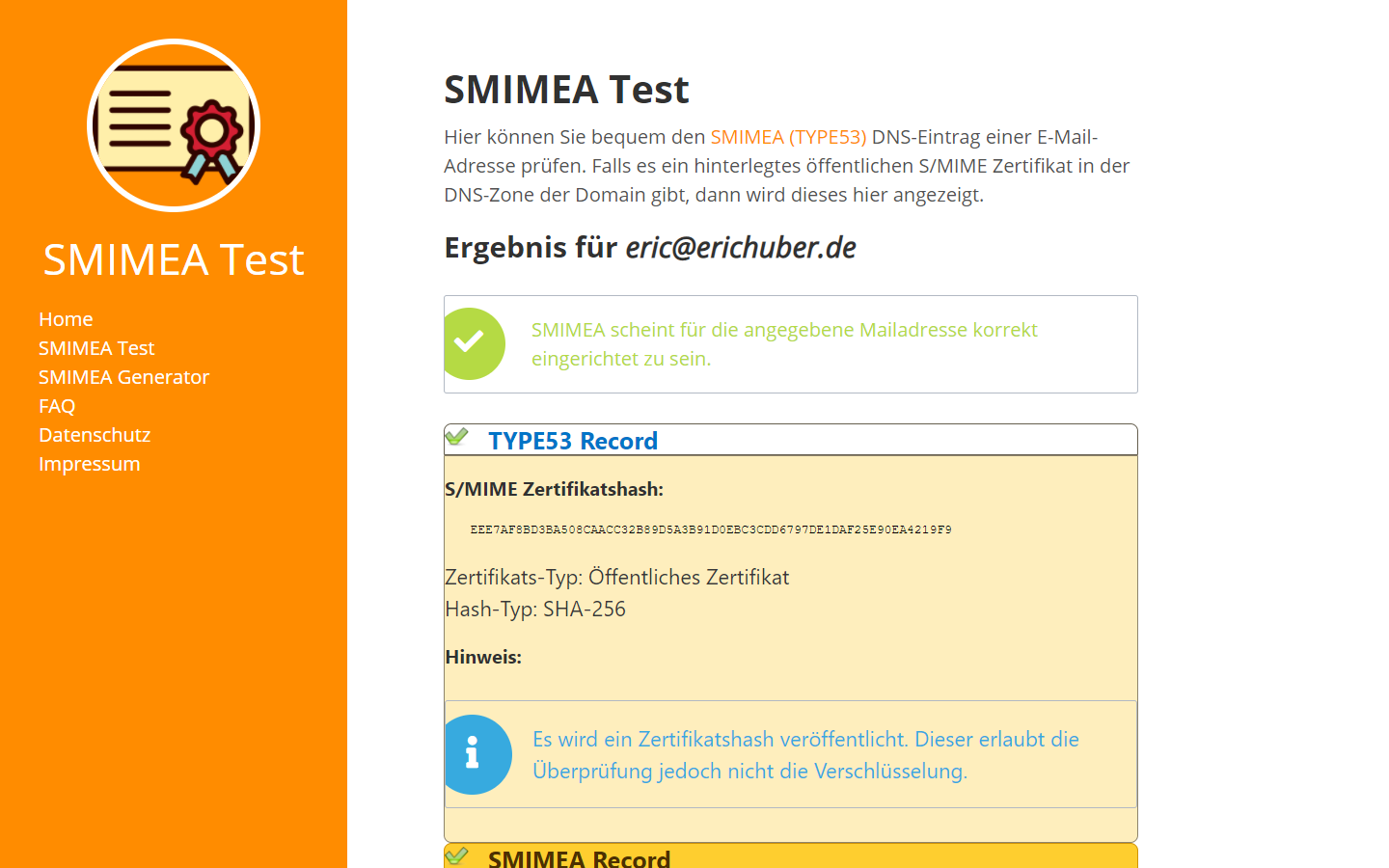 Picture of Tobias Bauer's SMIMEA Test website with eric@erichuber.de's test results being validated