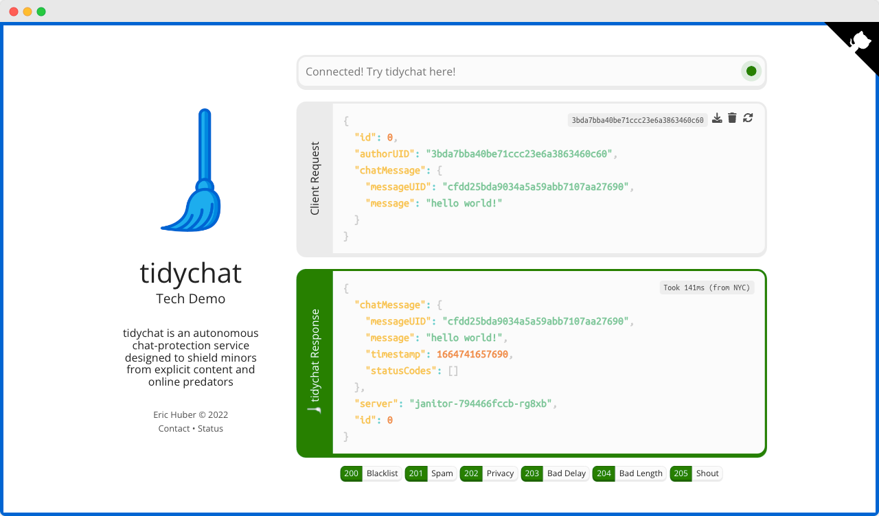 Preview of the tidychat landing page featuring the logo, an input field, and two output fields